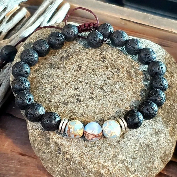 Chakra Healing Gemstone Bracelet Natural Blue Tan Aqua Terra Jasper Black Lava - Picture 1 of 7
